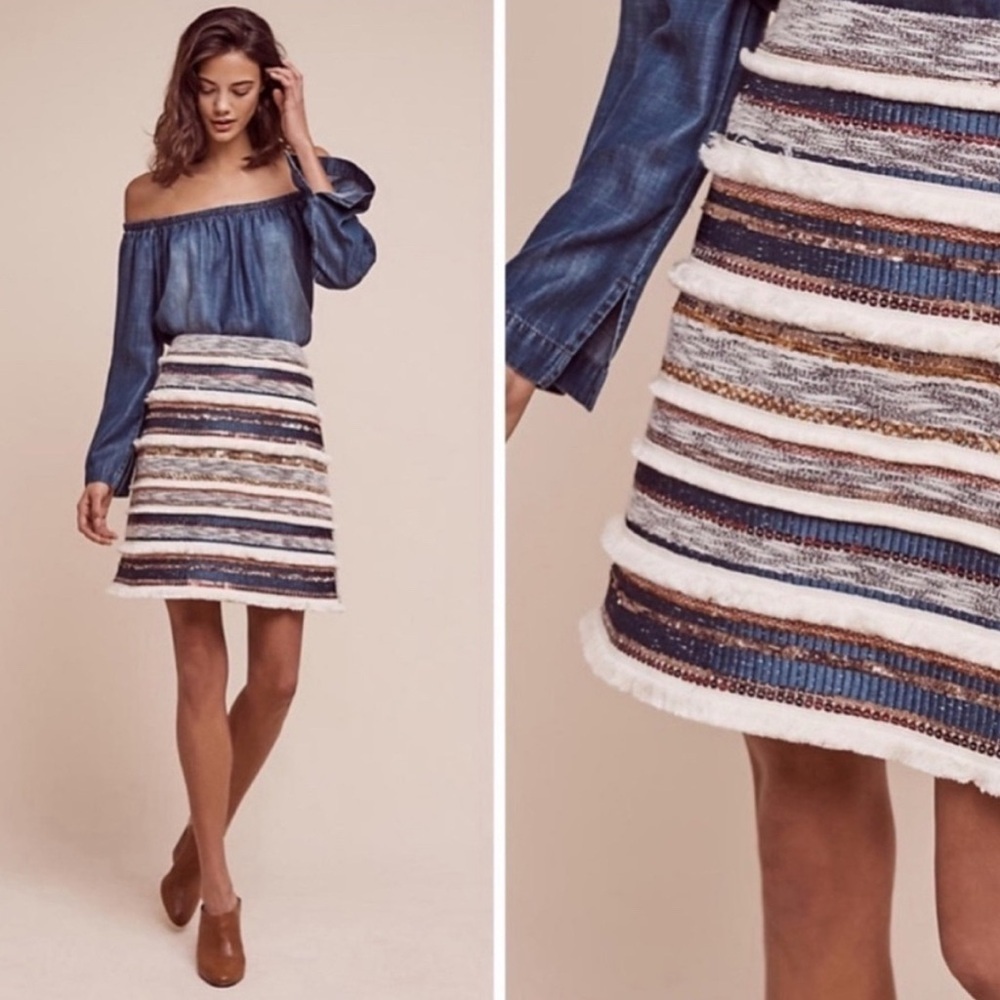 Anthropologie Moulinette Soeurs Erine Sequin Fringe Tweed Skirt Size 6